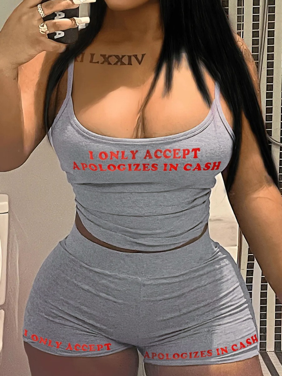 LW Casual Polyester U Neck Pattern Letter Sleeveless Two-piece Shorts Set