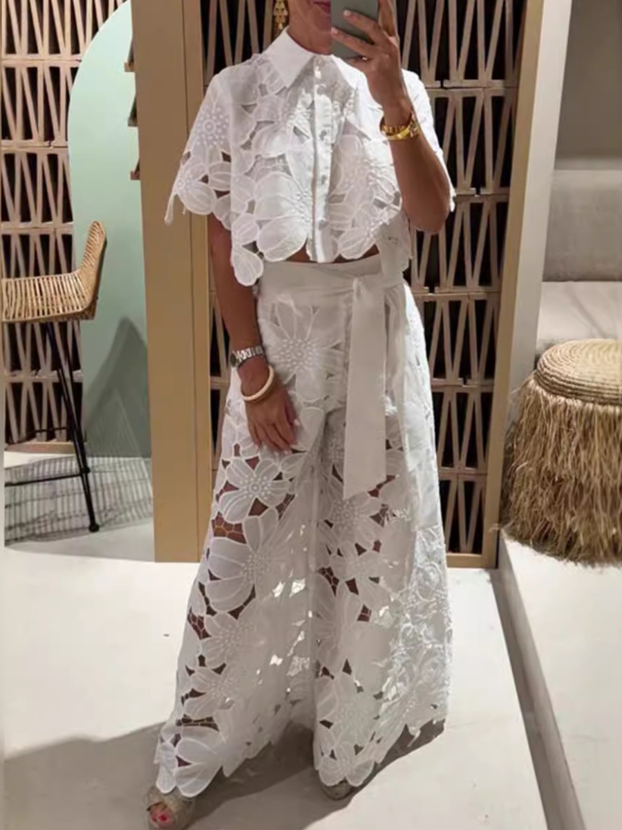 LW Elegant Polyester Shirt Collar Lace Solid Color Short Sleeve Two-piece Pants Set