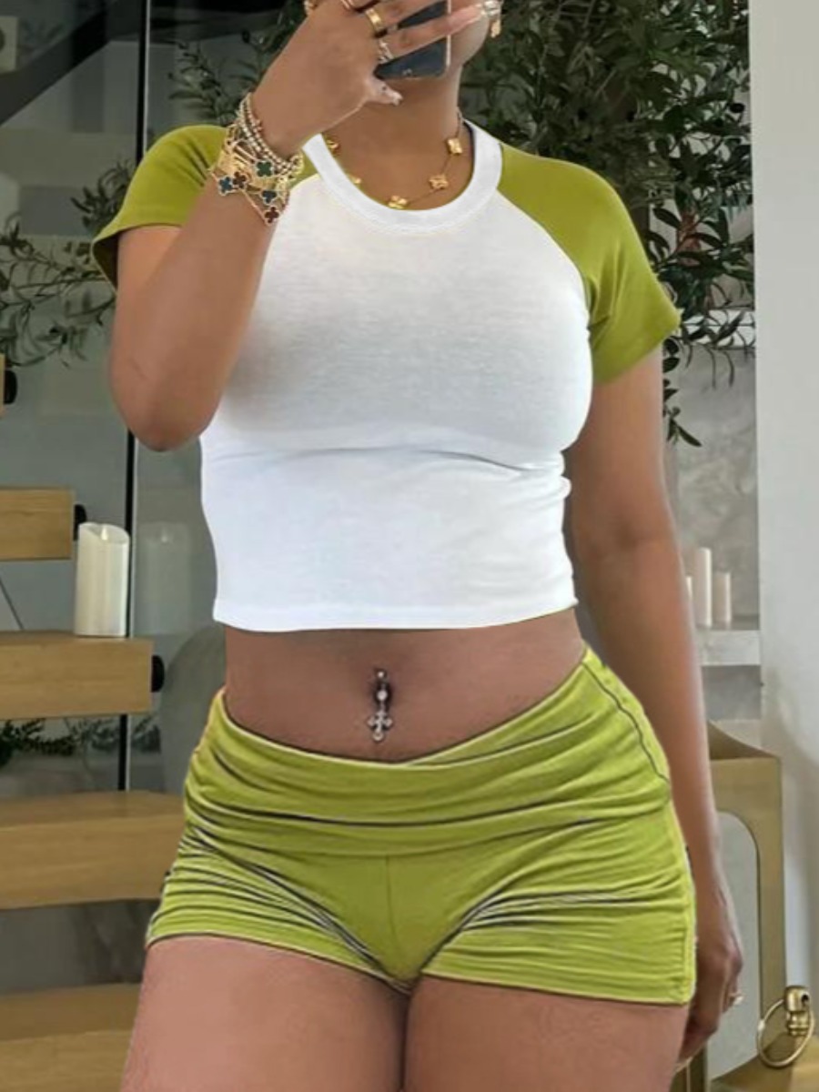 LW BASICS Casual Polyester Round Neck Patchwork Color Contrast Short Sleeve Two-piece Shorts Set