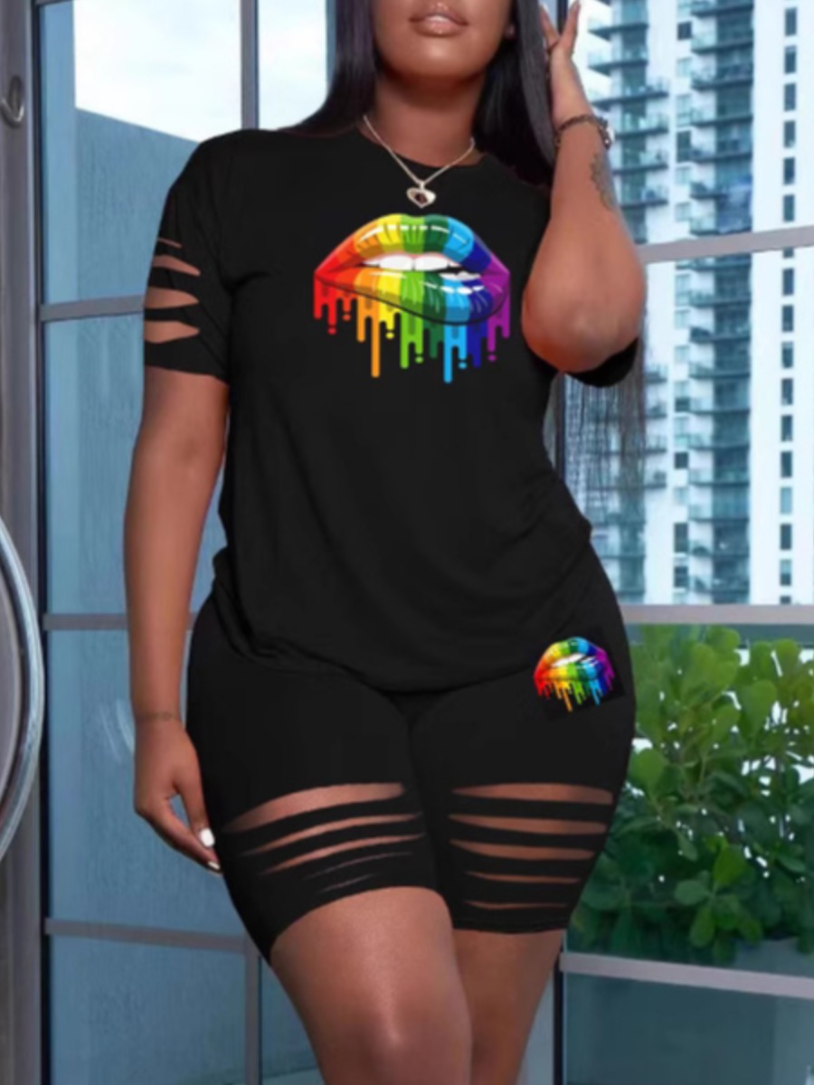 LW Plus Size Ripped Pattern Lip Print Two-piece Sh