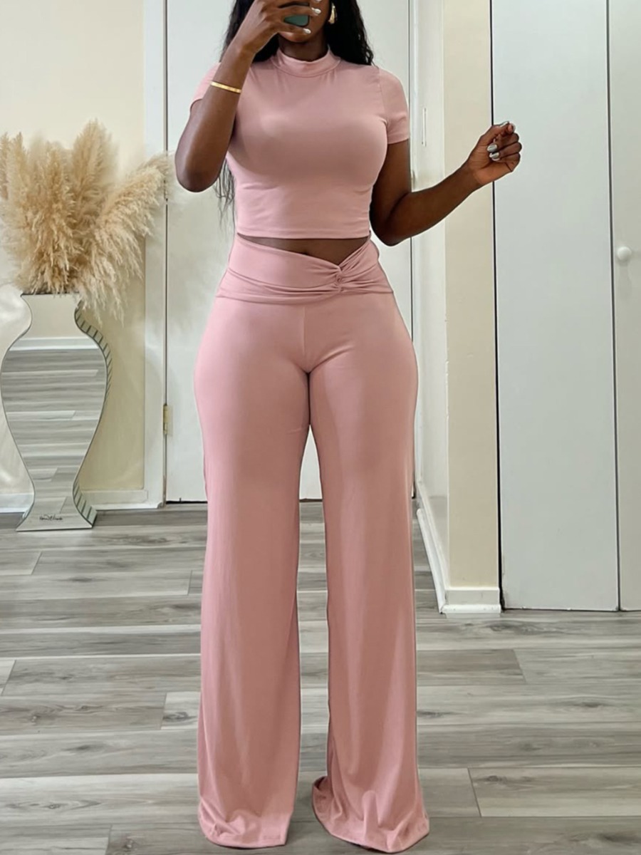 LW BASICS Casual Polyester Round Neck Knot Solid Color Short Sleeve Two-piece Pants Set