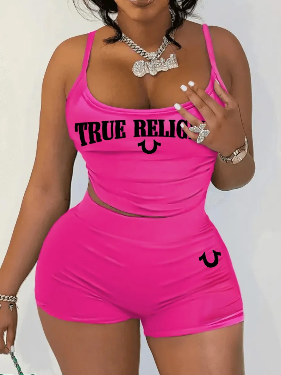 LW Casual Polyester U Neck Pattern Letter Sleeveless Two-piece Shorts Set