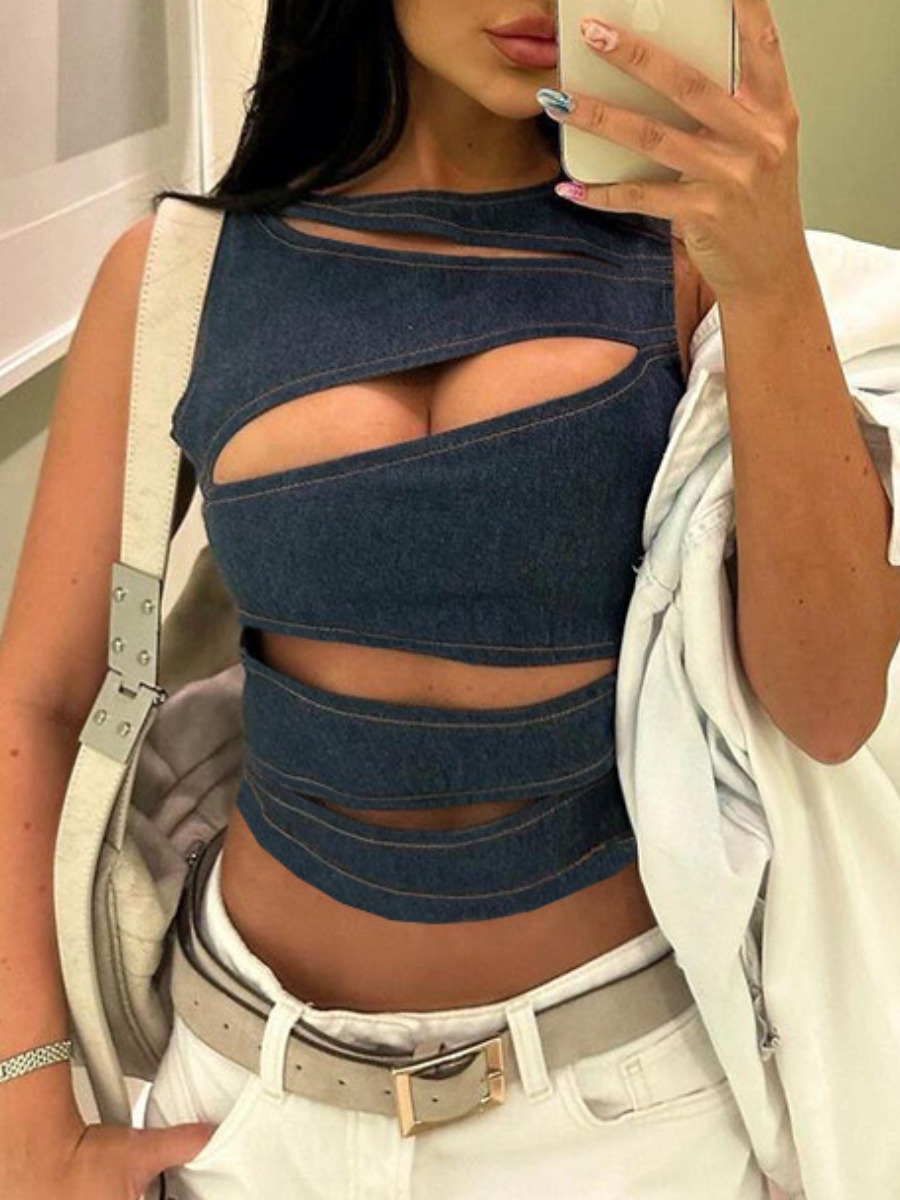 LW Round Neck Cut Out Solid Color Micro Elasticity