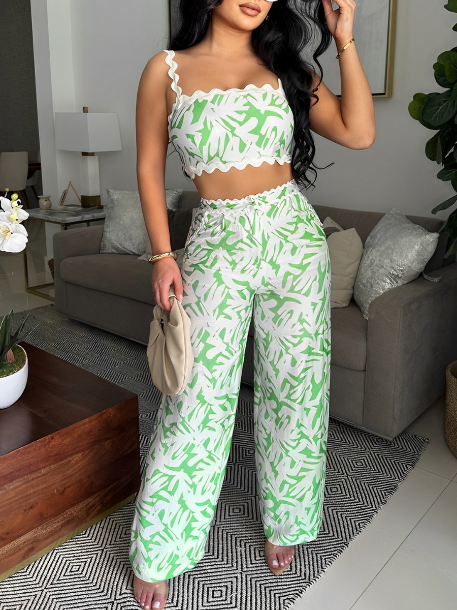LW Vacation Polyester Spaghetti Strap Pattern Plant Sleeveless Two-piece Pants Set