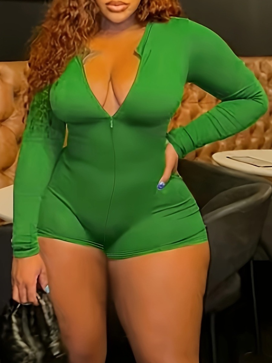 LW BASICS Plus Size Zipper Design Solid Color Romper