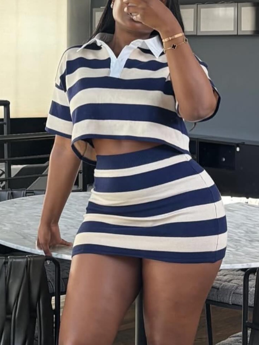 LW BASICS Casual Polyester Turndown Collar Pattern Striped Short Sleeve Two-piece Skirt Set