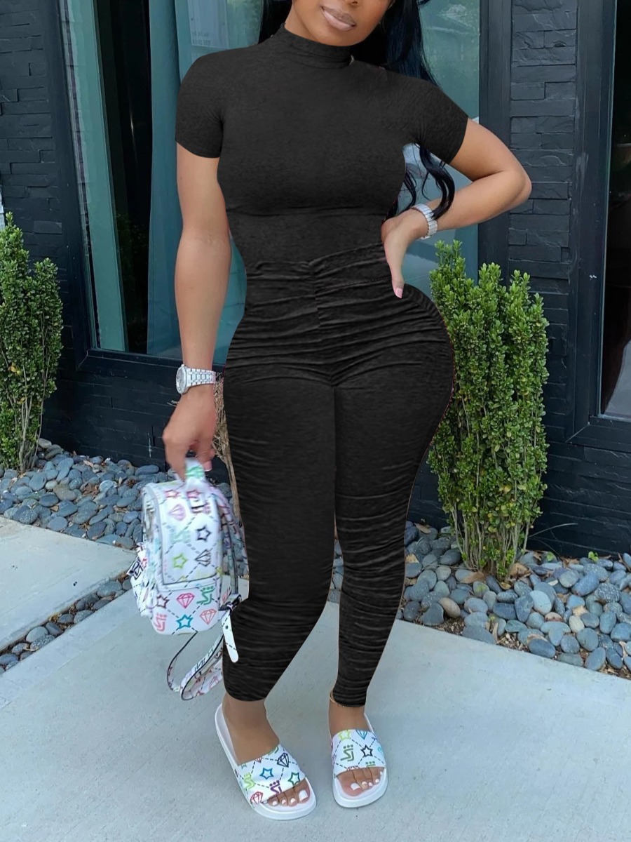 LW BASICS Ruched Solid Color Jumpsuit