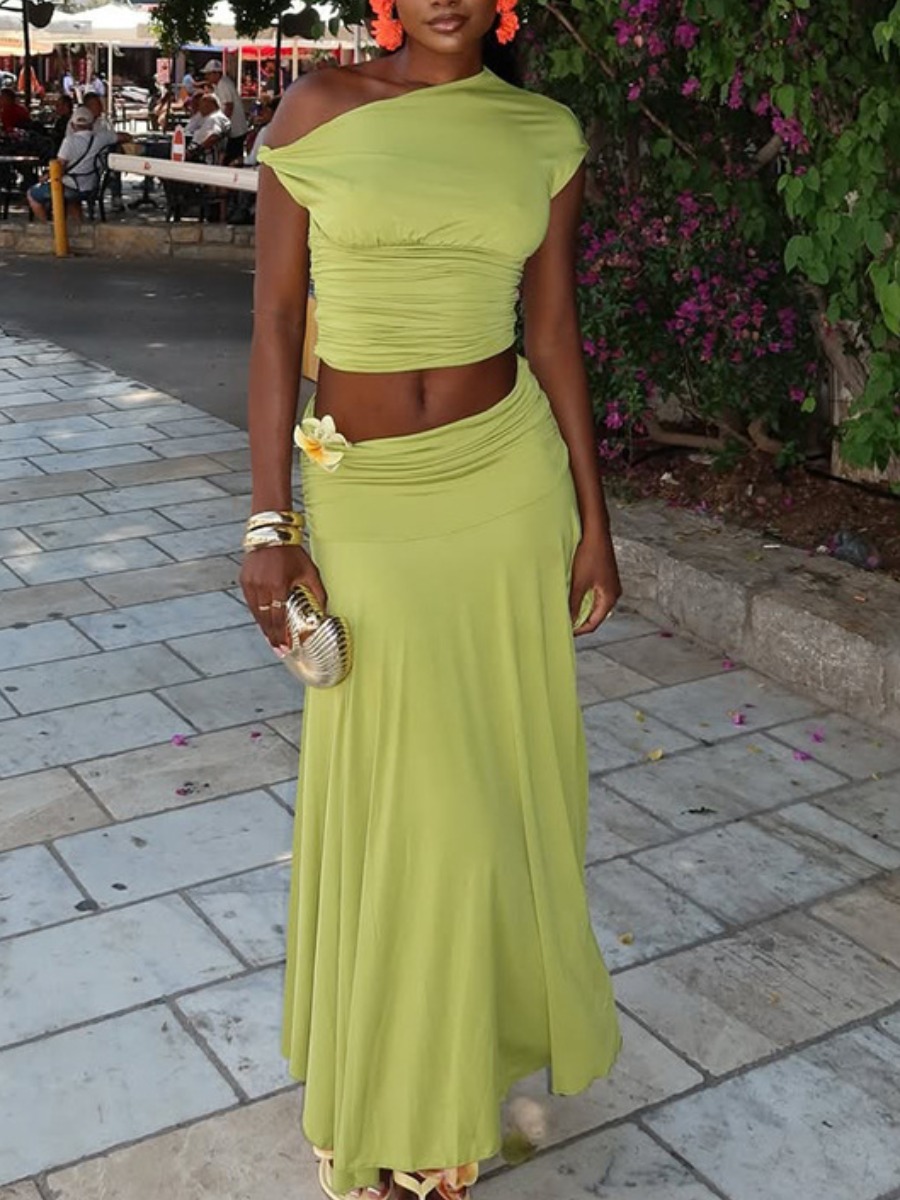 LW Casual Polyester One Shoulder Ruched Solid Colo