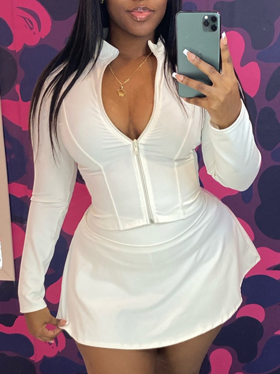 LW BASICS Casual Polyester Round Neck Zipper Desig