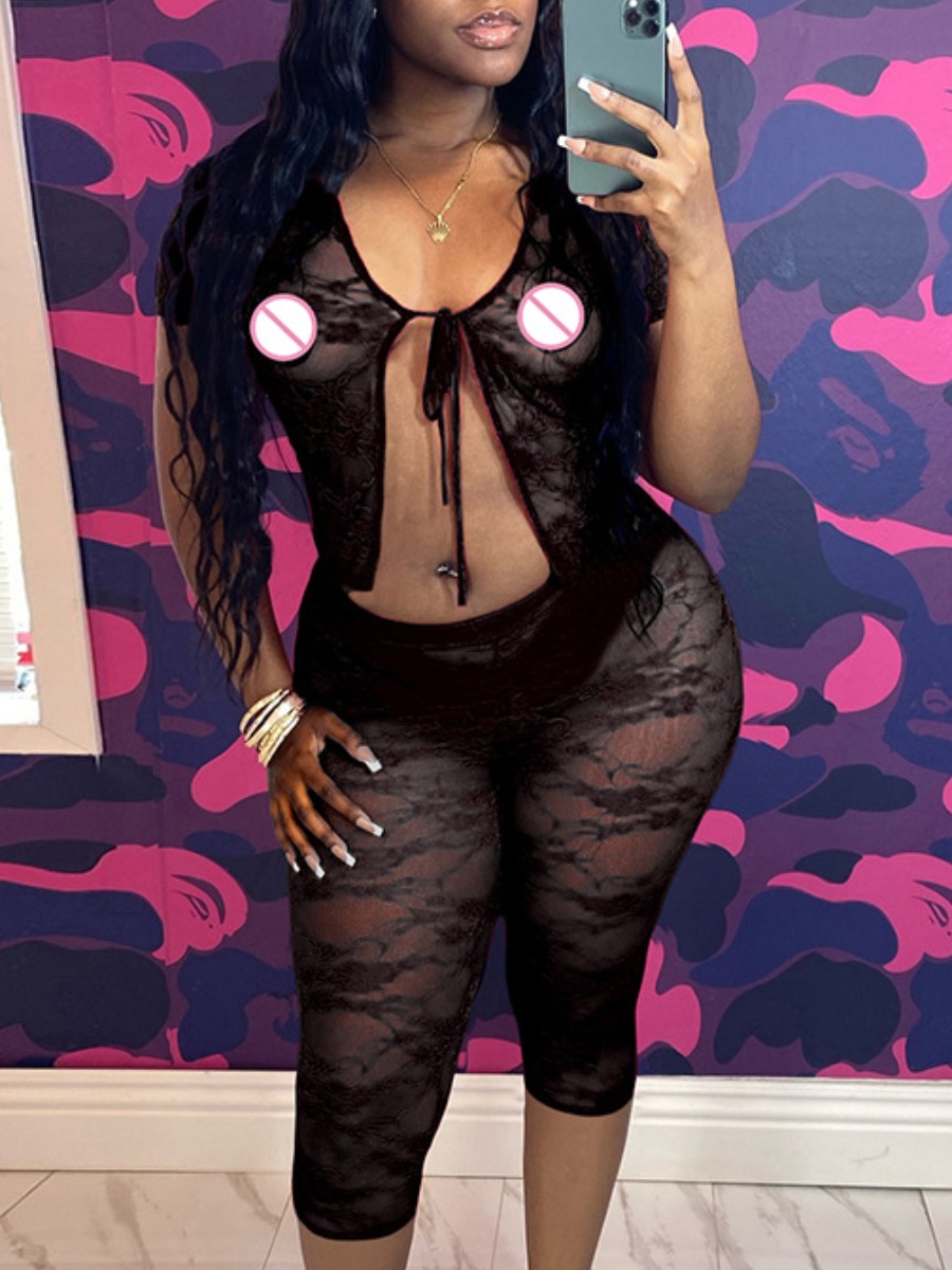 LW SXY Sxy Polyester Round Neck Lace Solid Color S