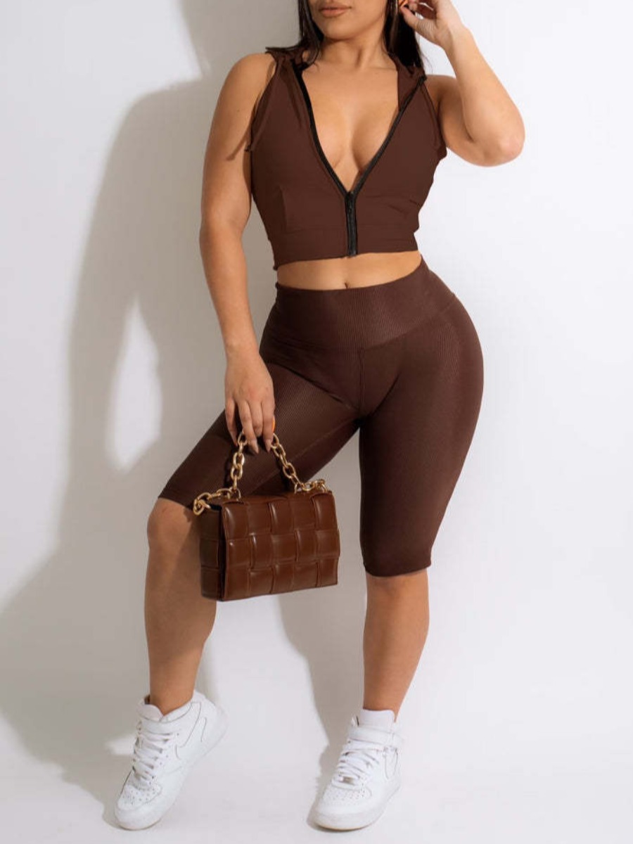 LW BASICS Sporty Polyester Hooded Collar Solid Color Sleeveless Two-piece Shorts Set