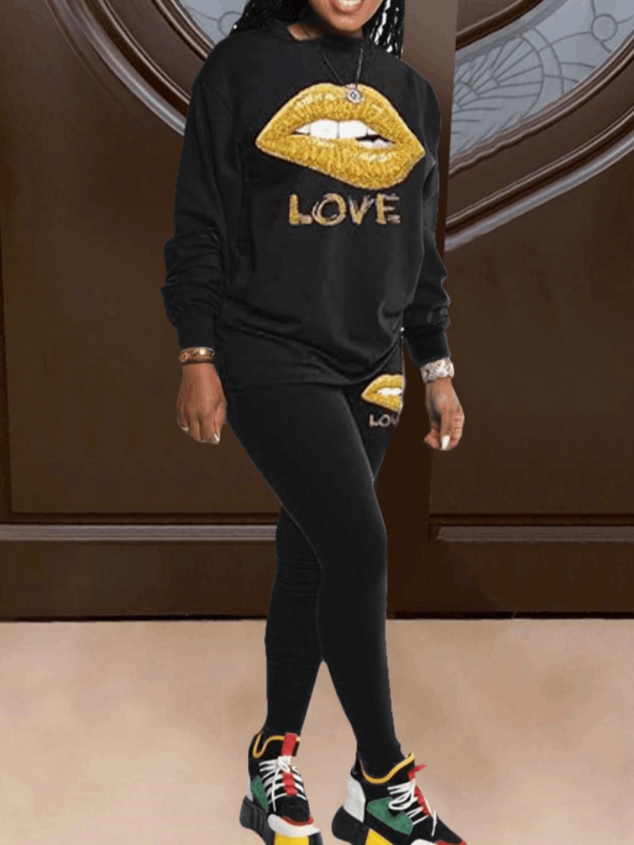 LW Casual Polyester Round Neck Pattern Lip Print L