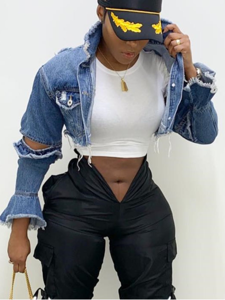 LW Turndown Collar Ripped Solid Yes(Stretch) Denim