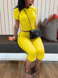 LW Casual Polyester Round Neck Patchwork Solid Color Short Sleeve Two-piece Shorts Set