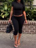 LW BASICS Casual Milk Silk Double Grinding Round Neck Solid Color Short Sleeve Two-piece Shorts Set