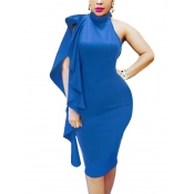 Sexy Backless Blue Polyester Sheath Knee Length Dr