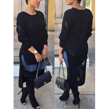Stylish Round Neck Long Sleeves Black Cotton Sweaters - $14.99